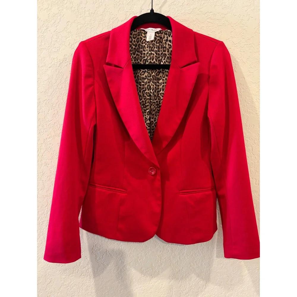 White House Black Market Red Leopard Lining Single Button Blazer Jacket Womens 4 - Picture 1 of 7